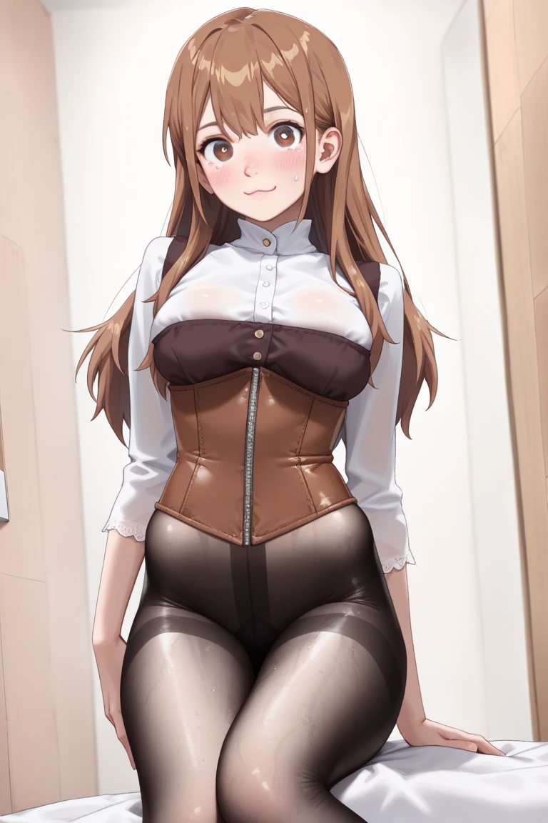 Brown long-haired。Brown eyes. I'm at home。Showing right foot。Looking down。wearing thigh highs。Teasing flirty