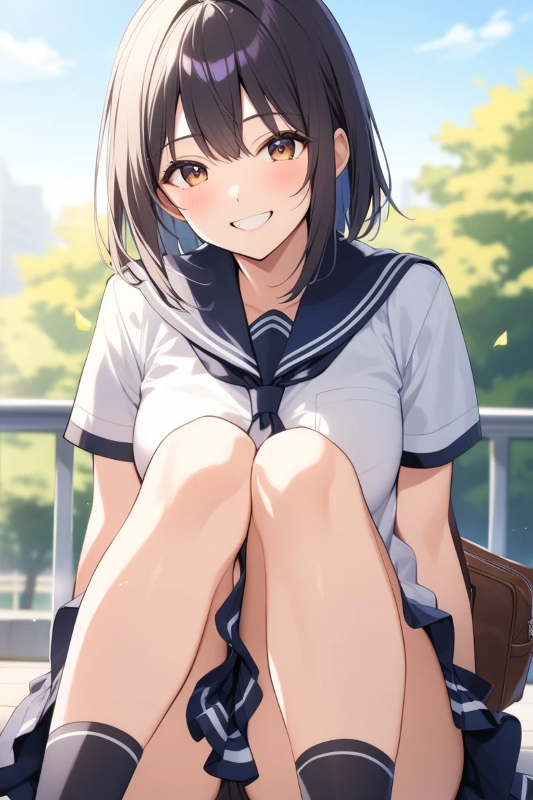 Best Quality, High resolution, Unity 8k壁纸, (Illustration:0.8), Perfect Lighting, extremely details CG, (Perfect hands, Perfect Anatomy),masutepiece, Best Quality, hight resolution, nffsw, Short hair, hair clips, Large breasts, grey sweater, black sailor collar, Yellow neckerchief, Black skirt, Outdoors、A smile、,(white panties:1.3)、(Fully exposed panties:1.5)、(Squatting:1.3)、、red blush、embarrassed from、