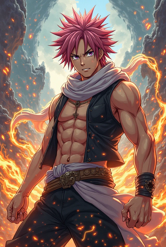 ((upper body)) masterpiece, best quality red eyes, game cg, 2boys adult men, (naked:1.2) rugged adult face, duo, male focus, looking at viewer, upper body, Natsu Dragneel natsu_dragneel, pink hair, red eyes, (shirtless naked), toned muscle, pectorals, 8 abs, toned legs, naked, slightly bulged, (large fire:1.5) and ember (particle effects:1.2), detailed, dynamic lighting, well lit, (fire on skin:1.2), (skin burning:1.2), (eyes on fire:1.2), (penis and scrotum), ((view from far distance)) ((((white ))scarf))