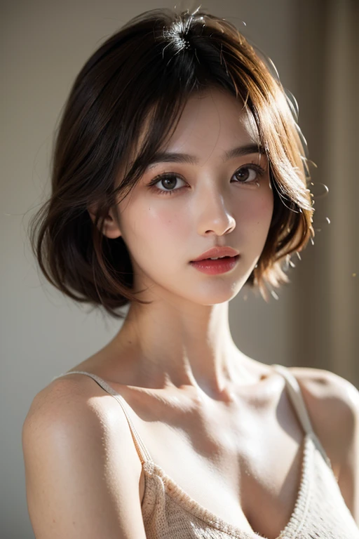 1 girl, (Wearing colorful stage costumes:1.2), Very beautiful Japanese idol portraits, Face close-up, (RAW Photos, highest quality), (Realistic, Realistic:1.4), (masterpiece), Very delicate and beautiful, Very detailed, 2k wallpaper, wonderful, finely, Very detailed CG Unity 8K wallpaper, Very detailed, High resolution, Soft Light, Beautiful detailed girl, Very detailedVery detailed eyes and face, Beautiful and sophisticated nose, Finely beautiful eyes, Cinema Lighting, (Simple light color background:1.3), (short hair), (Bob), Complete Anatomy, Slender body, Small breasts, smile