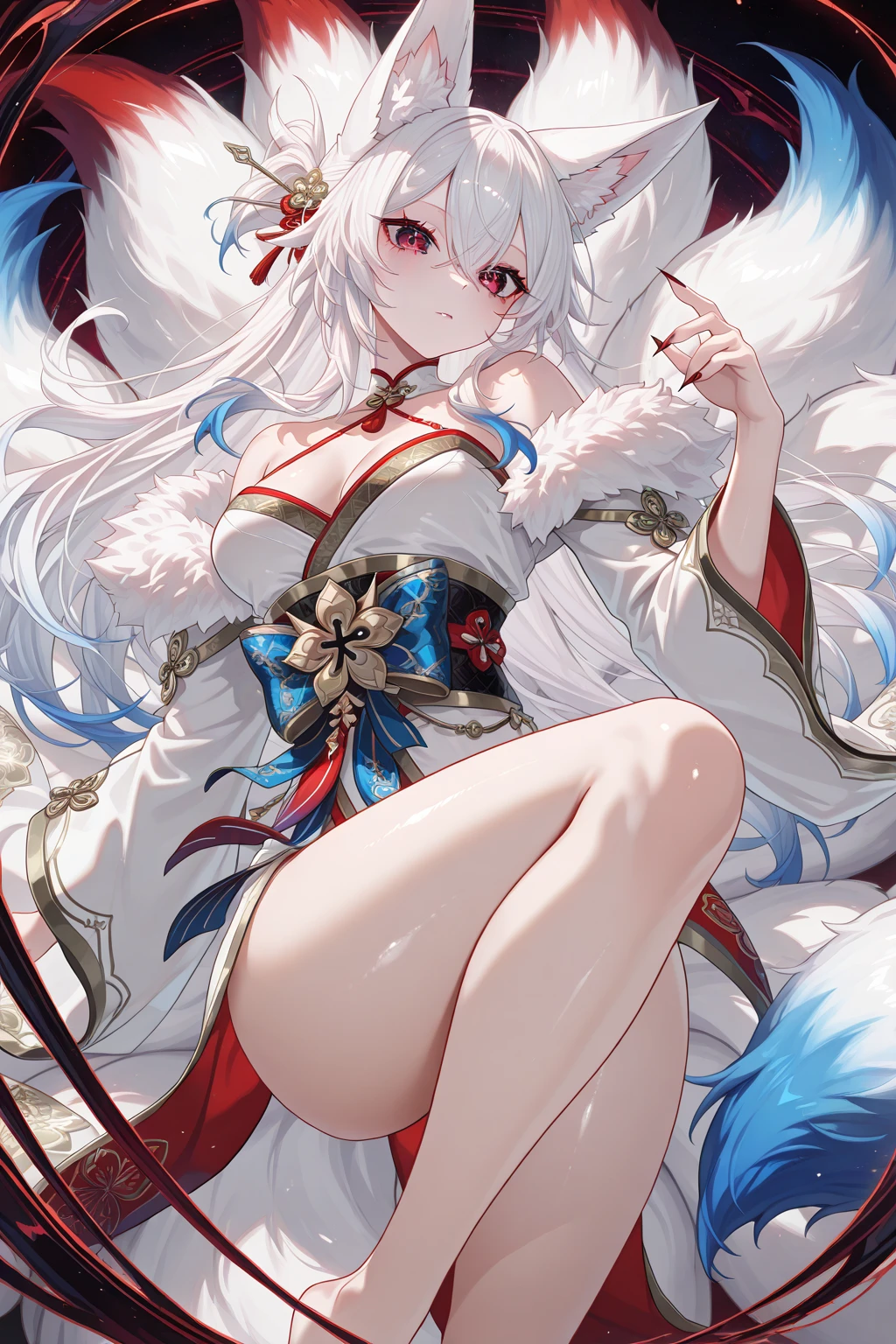actual, , white hair, big eyes, Smile,open mouth,big breasts,glowing eyes,open lips, blush, daytime,background flowers, Orc ears,Fox fairy,Kimono decoration,Sexy,exposed,迷人的Smile,Half-length kimono,white fox ears,White pink fox tail,High thigh slit,Lying in bed,little girl,Beautiful background,Big red costume,The colors are vivid and vivid