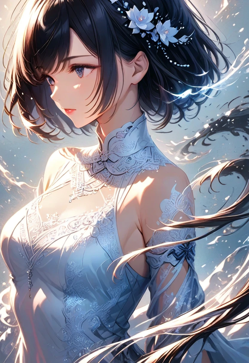 absurdres, RAW photo, extremely delicate and beautiful, masterpiece, Best Quality, ultra high resolution, 32k, hyperrealistic, ultra-detailed, delicate facial features, beautiful detailed woman, tearful mole, earring, medium breasts, full body shot, medium hair, black hair, fire witch,