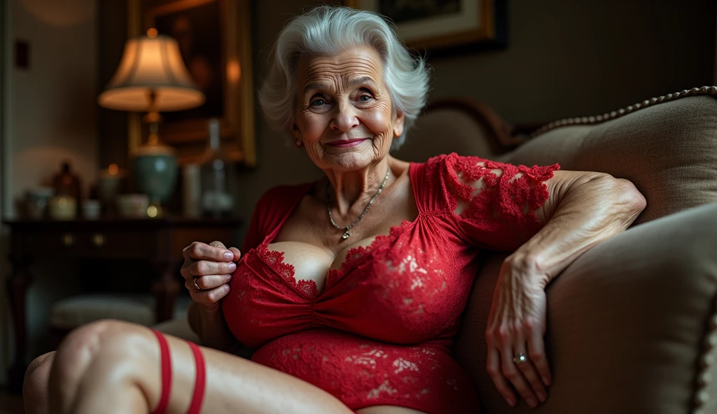 Mature old woman 80 years with silver hair, plus size, overweight, old face and body with many wrinkles, smiling, loose skin, standing at blooming garden posing for photo, She wearing red lace bodysuit and red lace stockings. jaw dropping mature older beauty, old face and body with wrinkles, legs are visible, old face, bright makeup, red lips, attractive grandma, a gorgeous old hair, beautiful old grandma, lovely older mature grandma, gorgeous beautiful grandma over 80 years old, beautiful silver hair grandma, beautiful detailed body and face, a beautiful old granny
