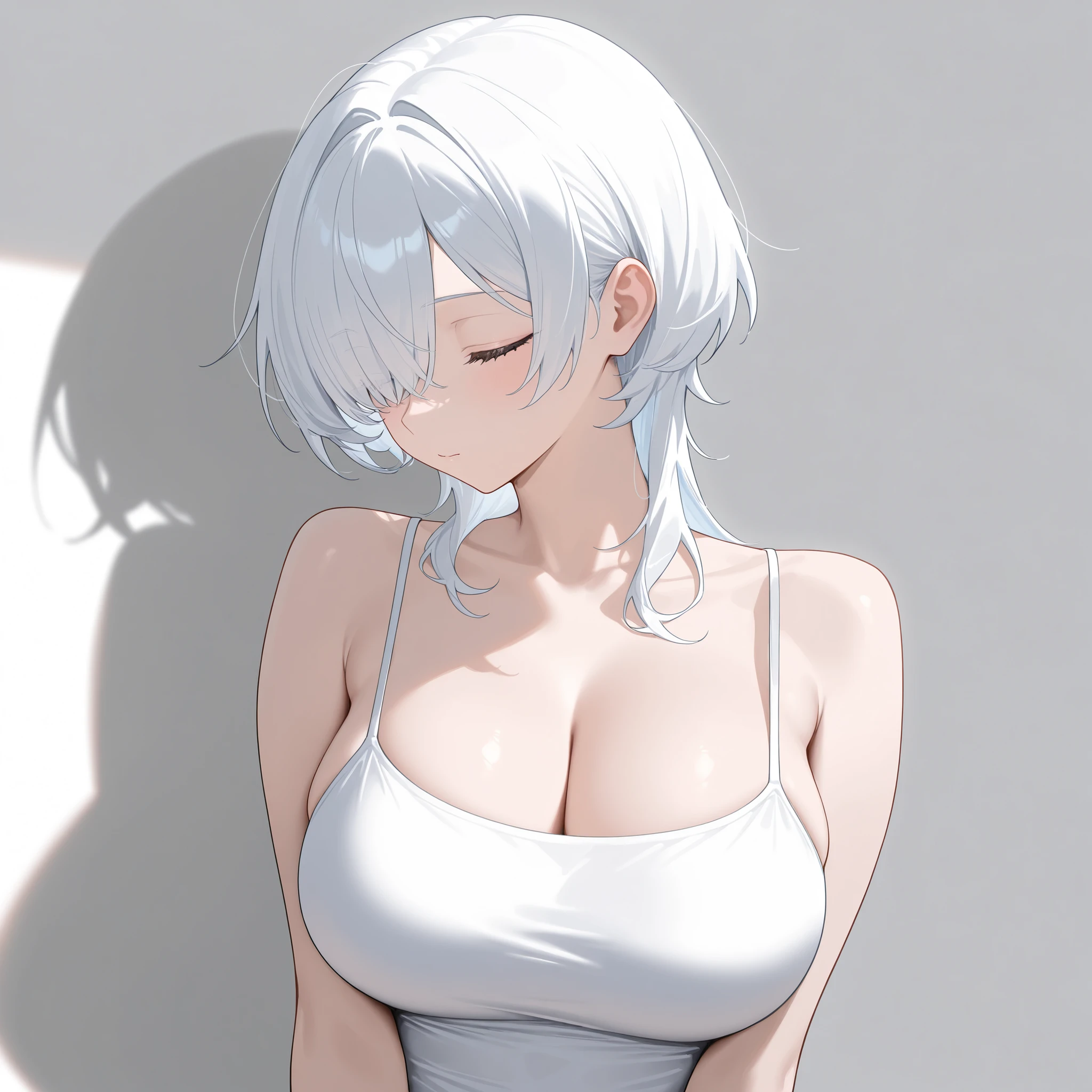 1girl,solo,retina,masterpiece, Awards, high quality, High resolution, HD, 4K,8K,high quality, rough skin,breast focus,depth of field,(line drawing:1.1),(large breasts:1.3),faint smile,oily skin,Relative to the girl,underside of breasts,(mochi shaped breasts:1.2),(closeup upperbody:1.5),white clothe,(perfect breasts from below:1.1),perspective,baby face,(short height,petite:1.3),camisole,