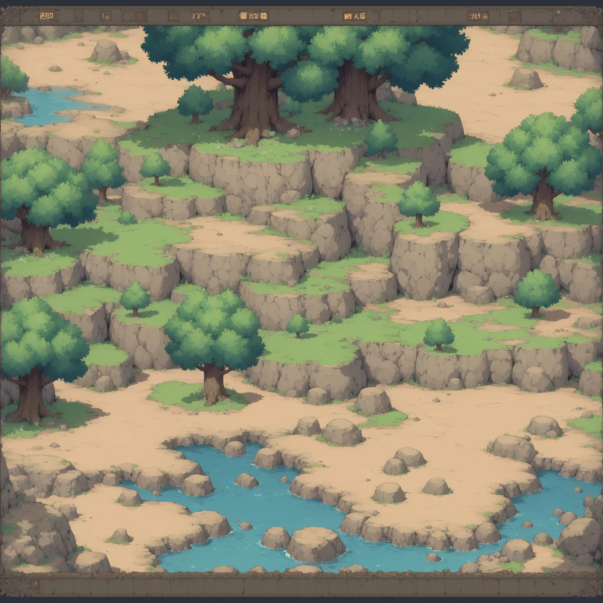 Illustration by marginal, traditional media,Retro video game style, pixelated, RPG, pastel colors, 8-bit characters, blocky shapes, sharp dark outlines, detailed shading, classic gaming vibe, nostalgic atmosphere, classic arcade games. Masterpiece:1.2, ultra-detailed, RPG style. 2D texture, stone texture, 4K seamless texture, video game texture, dirt texture. RPG Game tiles, highly detailed ¾th perspective top-down view trees, highly-detailed trees, ¾th perspective flowers, highly detailed grass, crushed rocks/stones, River, lake, waterfall, ¾th perspective top-down view.