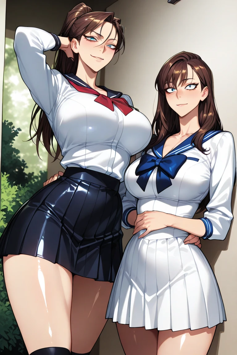 (highest quality、High resolution、detailed background、8K)、Beautiful and dense face、beautiful and smooth skin、skin texture、professional lighting、Beautiful girl in her 20s、two women、brown hair、braided hairstyles、(huge breasts:1.3)、realistic、perfect body line、
(Enjoy a romantic dinner by candlelight)、Calm atmosphere、
Confidence and Charm、Express yourself with confidence、Charm、
(Try wearing sailor uniform-style tops and for a sexy look.)、
Choose tops that fit well with your body line.、
Fits perfectly around the chest and waist, emphasizing feminine curves.、
Adding details such as lace or ribbons around the décolletage and shoulders can create a sexy look.、
Generally speaking, traditional sailor uniform style tops with a white or navy base with red or black details are popular, but you can also choose tops with other bright colors or patterns.、
Choose a miniskirt that fits well with your body line.、
A secure fit from the waist to the hips, making your legs look beautiful.、
The tight silhouette of the skirt emphasizes your sexiness.、
We recommend designs that highlight the hip line and thigh curves.、
Dark colors such as black and navy bring out your sexiness.、
Skirts made of leather or shiny fabric also give a sexy impression.、
By incorporating feminine accessories such as ribbons and chokers, you can create a cute and sexy look at the same time.、Pair it with high heels to make your legs look beautiful.、
High-heeled boots emphasize sexiness、
looking at me with a happy expression、laughing、smiling、sexual expression、cute