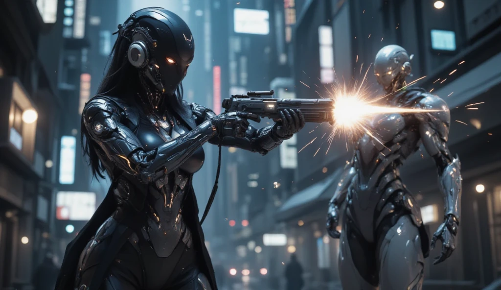 aliens are in a dark room with a light shining on them, angry female cyborg, black and whitehighly detailed, 3d characters, style of ghost blade, game cg, crowd of androids, promotional image, gun fight, hive --ar 16:9 --auto --s2