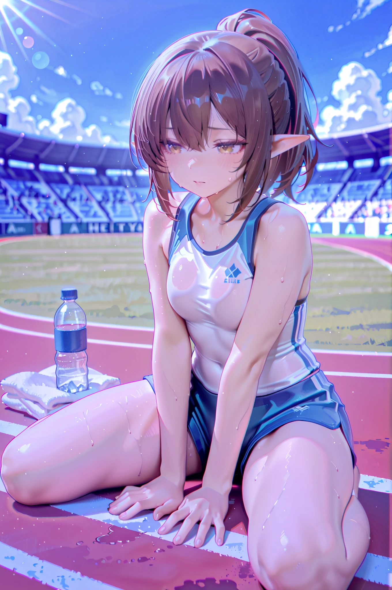 A female elf sprinter with short brown hair, taking a break after intense summer training at a track stadium. She is wearing high-performance athletic wear: a tight-fitting sleeveless top and compression shorts, with running spikes. Her pointed ears peek through her hair. She is sitting on the ground, stretching her legs with sweat glistening on her skin. The hot summer sun casts strong shadows on the track. A water bottle and towel lie beside her. The scene conveys focus, fatigue, and dedication. anime style, dynamic lighting, muscular yet feminine, sports photography aesthetic, summer atmosphere, stadium background