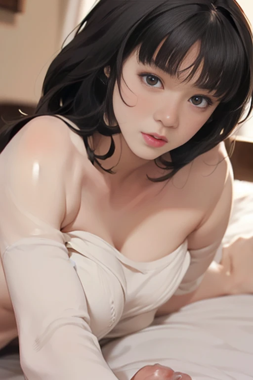 (((nude))), Very detailed、highest quality、Best image quality、masterpiece、8k、Anime Face、A kind smile、Open Mouth、((black middle hair:1.5))、big breast, sexy、 beautiful body 、Cowboy Shot, Sexual Intercourse, ((orange eyes)), hotel bedroom,