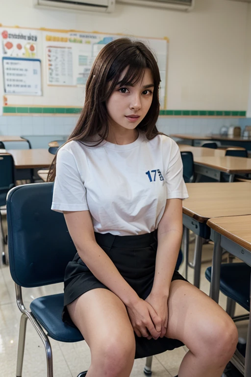 Asian Girl sitting in class, masturbating in class, thick thighs, hand in her pants, hands in her pants, touching vagina, goth