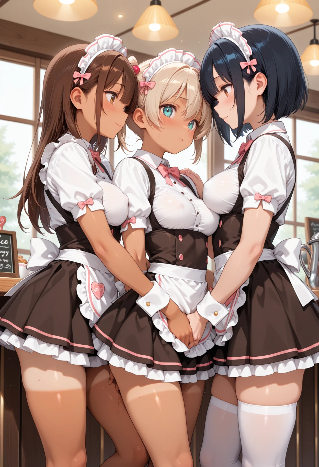 Very detailed, highest quality, High resolution, Moe Anime, ((4 cute girls with super droopy eyes)), (Black Hair:1.5), Blue Eyes, Sparkle in the eyes, (Big Eyes:1.4), (tareme:1.4), View your viewers, Focus on the face, In the park with cherry blossoms falling, ((The upper half of the body is a see-through maid outfit, the lower half is naked)), ((nsfw)), ((Very short hairstyle:1.5)), (Slightly below:1.2), ((Flat Chest:1.4)), (arms behind back:1.6), (wide eyed:1.4)