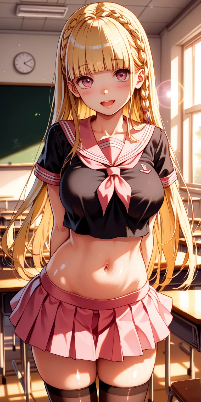 High resolution, Very detailed, perfect lighting, beautiful detailed eyes, ((masterpiece,Best Quality)), absurdities, alone, princess zelda, by the width, crown braid, Hair clip, pointy ears, Gloves without fingers, black gloves, smile, curves, nod, , deep neckline, deep neckline, black school uniform with white details,short skirt, visible underwear, pink thong, black uniform, black shirt with pink bow, touching her breasts in a sexy way, close up 