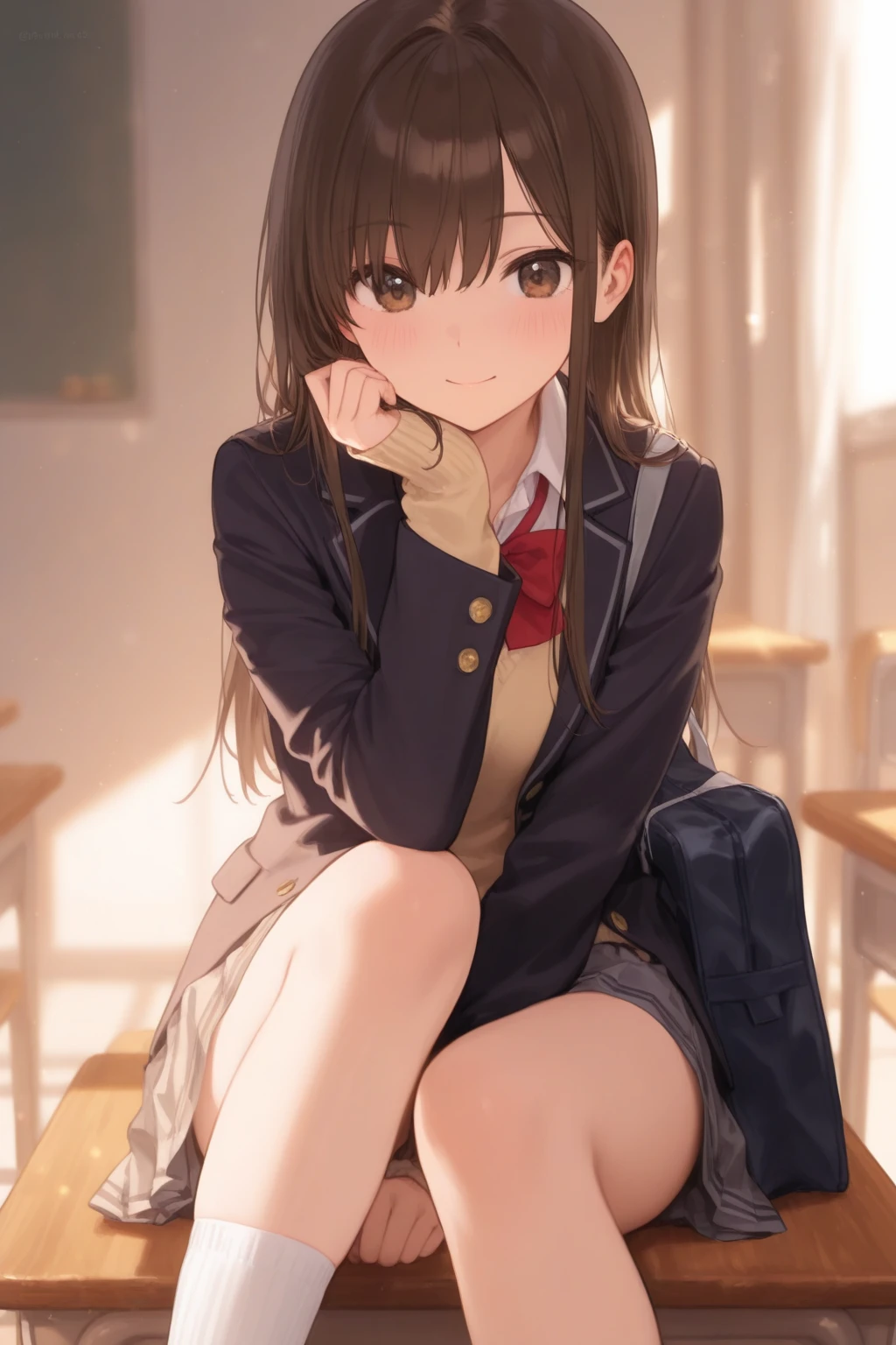 ((masterpiece, highest quality, High resolution, 超High resolution, pixel perfect, Depth of written boundary, 4K, RTX, human development report))), 1 girl, single, alone, beauty、see the whole body、 ((long hair, short riuhai, reddish brown hair)), ((Blue eyes, beautiful eyelashes, realistic eyes)), ((detailed face, blush:1.2)), ((smooth texture:0.75, lively texture:0.65, lively:1.1, Anime CG style)), medium breasts, perfect body, smile, attractive way to sit, (The wind blows my hair,bare shoulders、expose her breasts、black tights) , (((show panties:1.3)))、((((M-shaped spread legs:1.4)))), 18 year old tall girl, alone, (whole body from head to toe), (small breasts), Unkempt brown hair, bangs, ((black tights)),( (black pantyhose)),(white luxury lingerie), (sit with legs spread), (squatting pose), (Composition showing white panties), (her legs spread、I can see white pants.), (I was made to sit on the floor with my legs apart..), ((((M-shaped spread legs)))), thin legs, A very beautiful and tall 18 year old girl, (not wearing shoes), blush, shy big eyes, looking at camera, (((Blazer Uniform, plaid pleated skirt)))、Please sit across from me、((Vulgarity)),skirt tug