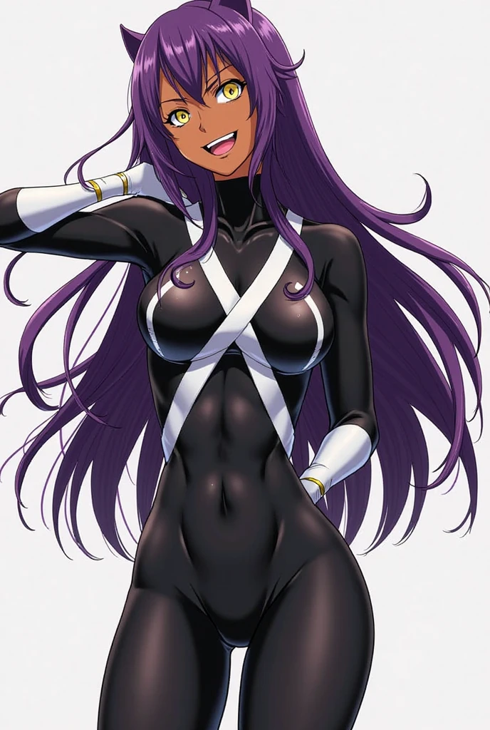 lumen reflections, natural lighting, evocative, triadic color scheme, cowboy shot, elegant, voluptuous:0.6, looking at viewer, 1girl, female, solo, blush, open mouth, smile, teeth, sfw, <lora:Yoruichi:1>, shihouin yoruichi, purple hair, ponytail, yellow eyes, (dark skin:1.2), leotard, black leotard, turtleneck leotard, sleeves, black sleeves, detached sleeves, thigh highs, black thigh highs, scarf, (white scarf:1.2)