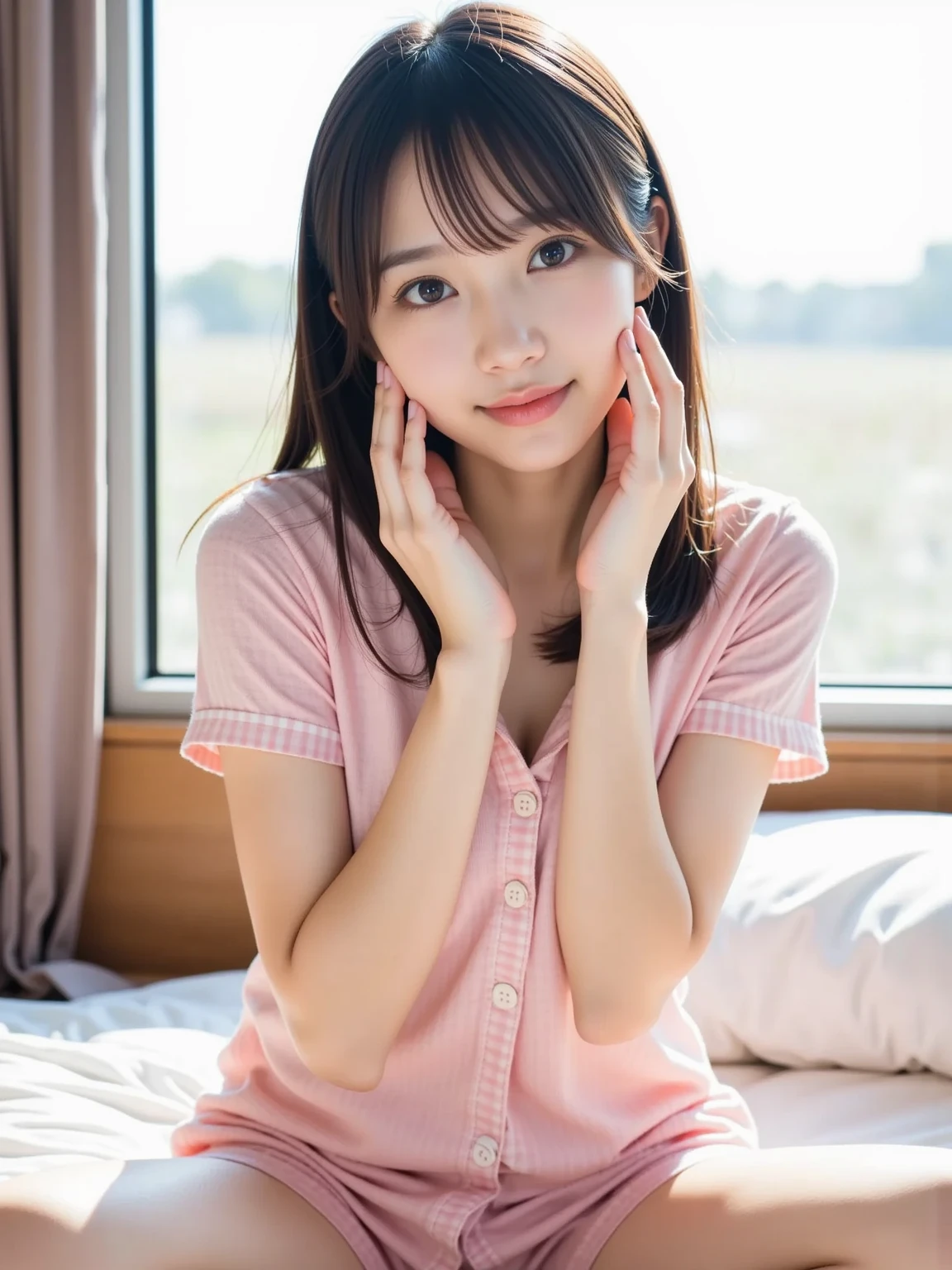 Best-quality, Masterpiece, Ultra-High-Resolution, (Photorealistic:1.4), Raw-Photo,
(from above, front view), at bedroom,
1girl, the most famous Japanese idol, (((leaning forward), hands on knees)),
(wearing white blouse with frilled, extremely loose blouse with wide-neckline, long-sleeve blouse),
the most cute face, the most cute big-eyes, the most cute hairstyle, the most cute long-eyelashes, the most cute lips, the most beautiful skins, extremely childish body,
looking at viewer, innocent-smile
