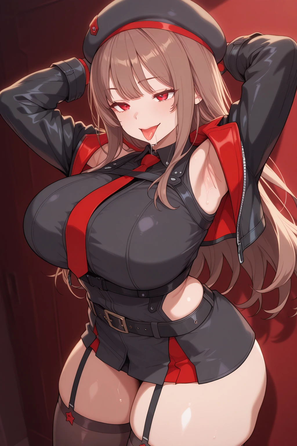 Game , goddess of victory nikke, Rapi , light brown hair,  alluring eyes ,beautiful face , crystal red eyes ,  long hair  ,g cup breast, bewitched thighs, both hand lifted behind, looking at you, at office ,bow down , hand on thighs 