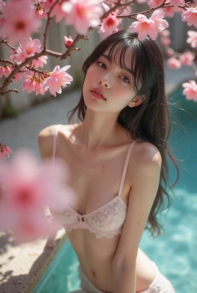 ((Realistic lighting, Best quality, 8K, Masterpiece: 1.3)), Clear focus, At night,1girll, full bodyesbian,Perfect body beauty, Slim abs,(tit:1.5), (Big breasts), (White lace panties: 1.4), Stand in the middle of the lake,The lake is full of flowers,(Wide- angle view),