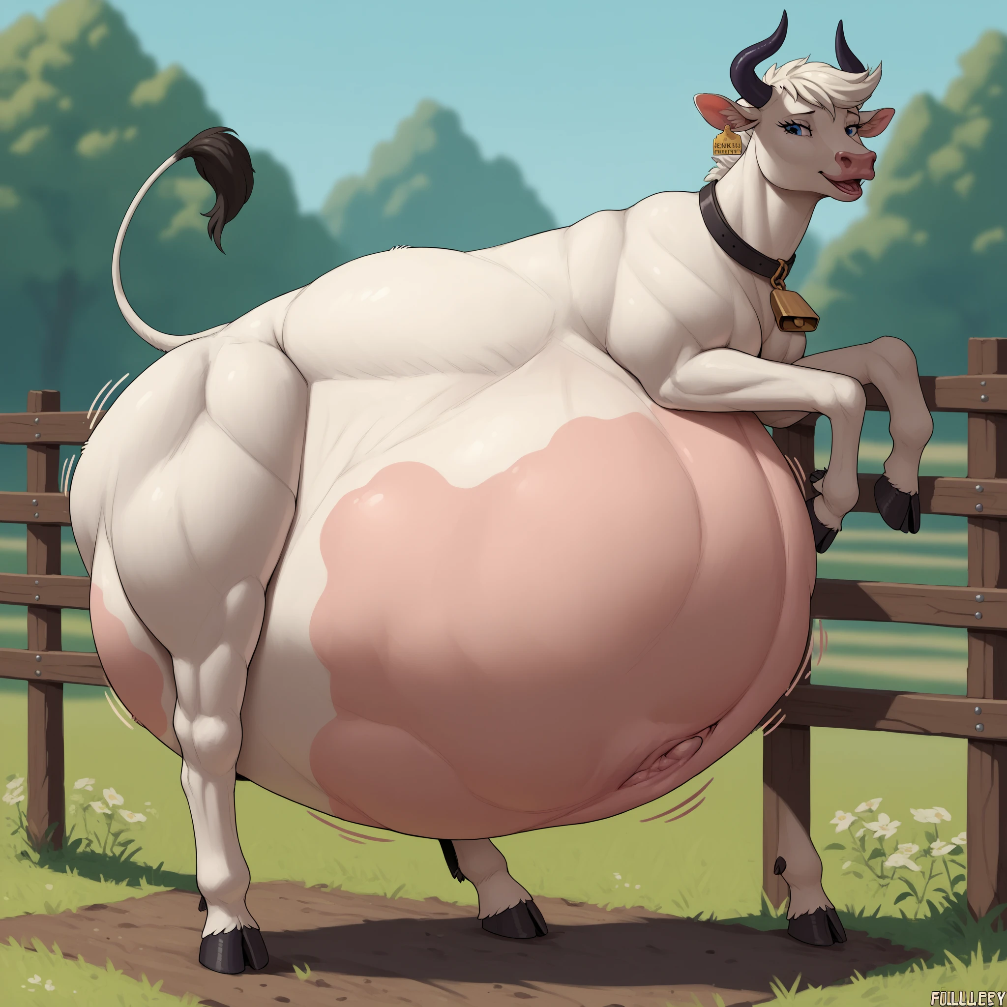 (cute, fat, obese, anthro, male, bull), lying, nude, penis, flaccid, erection, secret whimsical place in the enchanted forest, magical flowers, fantasy world, fireflies, green tones, bridge over the river, ancient ruins, trees all around, dramatic lighting, hires textures, highly detailed, intricate details, best quality, masterpiece, bright lighting, detailxl, zPDXL2