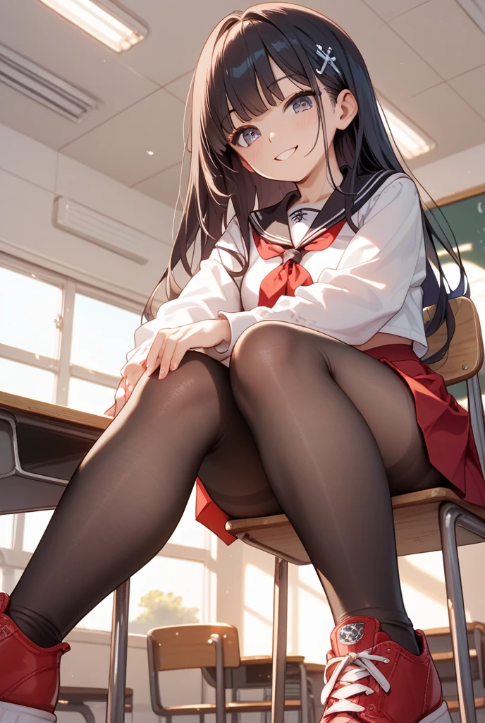 (masterpiece, best quality:1.2), cowboy shot, solo, 1girl, yukinoshita yukino, ((wide smile1.4)), ((looking at viever:1.4)), ((Sky from below:1.4)), ((full body)), (sitting on rock:1.4)), yukinoshita yukino, school uniform, ((nakked upper body:1.4)), plaid skirt, ((thighhighs)), outside, ((blushing:1.4)), ((black platform shoes:1.4)), sunny day