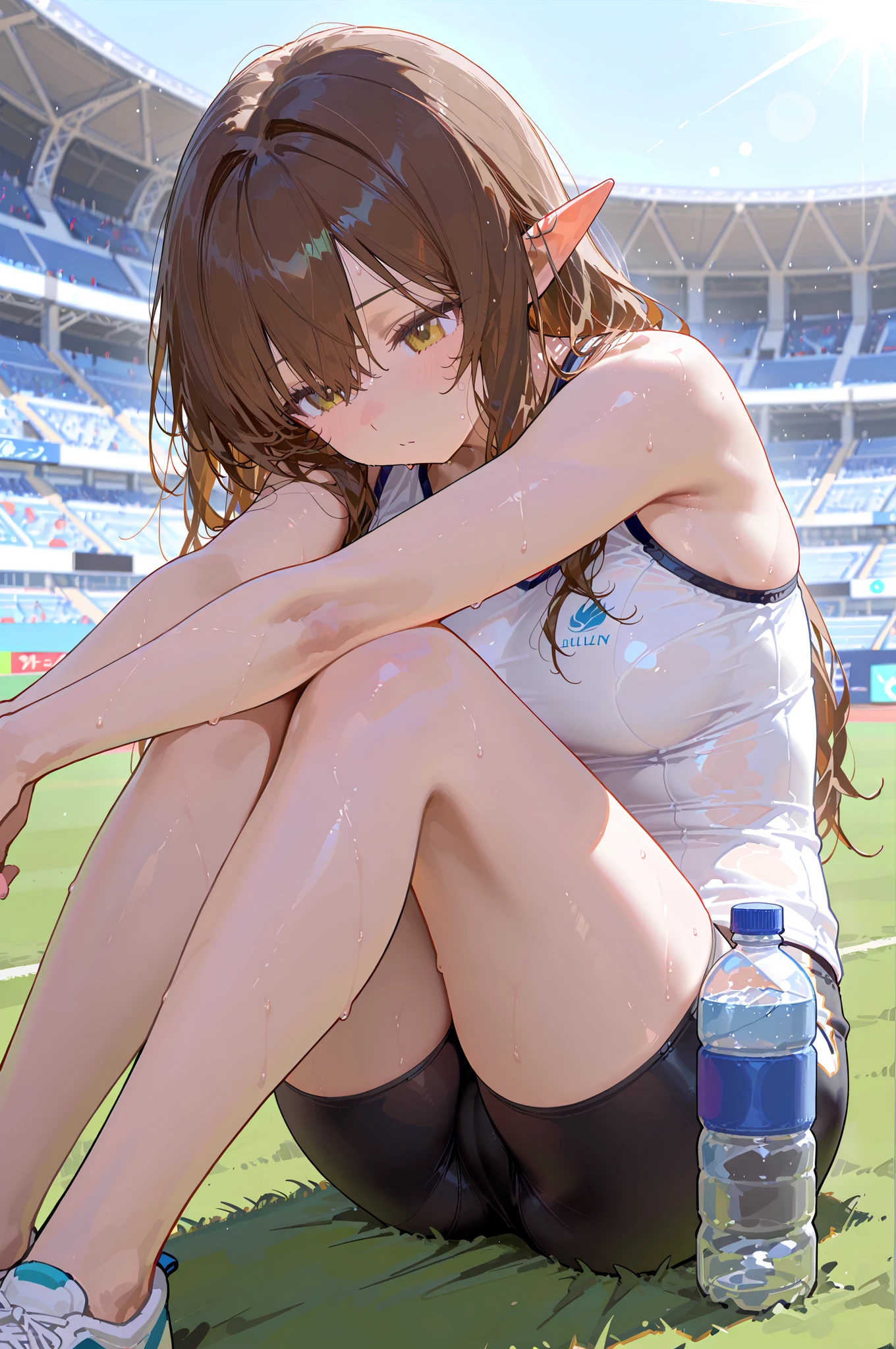 A female elf sprinter with short brown hair, taking a break after intense summer training at a track stadium. She is wearing high-performance athletic wear: a tight-fitting sleeveless top and compression shorts, with running spikes. Her pointed ears peek through her hair. She is sitting on the ground, stretching her legs with sweat glistening on her skin. The hot summer sun casts strong shadows on the track. A water bottle and towel lie beside her. The scene conveys focus, fatigue, and dedication. anime style, dynamic lighting, muscular yet feminine, sports photography aesthetic, summer atmosphere, stadium background