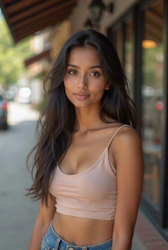Close-up de uma linda jovem morena latina pes no chau com longos cabelos pretos, rosto oval e olhos castanhos escuros, vestindo uma blusa de malha canelada justa e shorts jeans justos, parado em um canteiro de obras de casa, lindamente iluminado, dramatic composition, epic scale, feeling of admiration, ultra-high resolution.Fotorrealista:.1.4, (pele altamente detalhada:1.2), 8k HD, dslr, alta qualidade, film grain, Fujifilm XT3