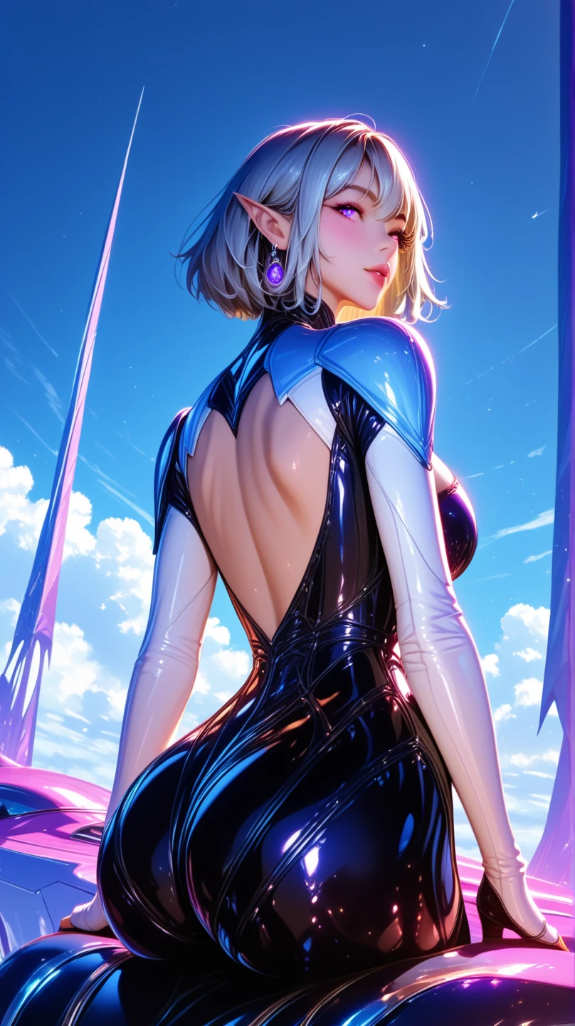 Perfect human body modeling, 1girl, beautiful girl, cute girl and idol face, young face, smile, white skin, short hair, bob cut hair, silver hair, ahoge, shiny hair, shiny skin green eyes, beautiful eyes, medium breasts, ight particles, light sparkles, lens flare, Light particles, Magic light, strong light, gorgeous dress, Princess Dresses, loud laughter, A young lady mocks those of low status