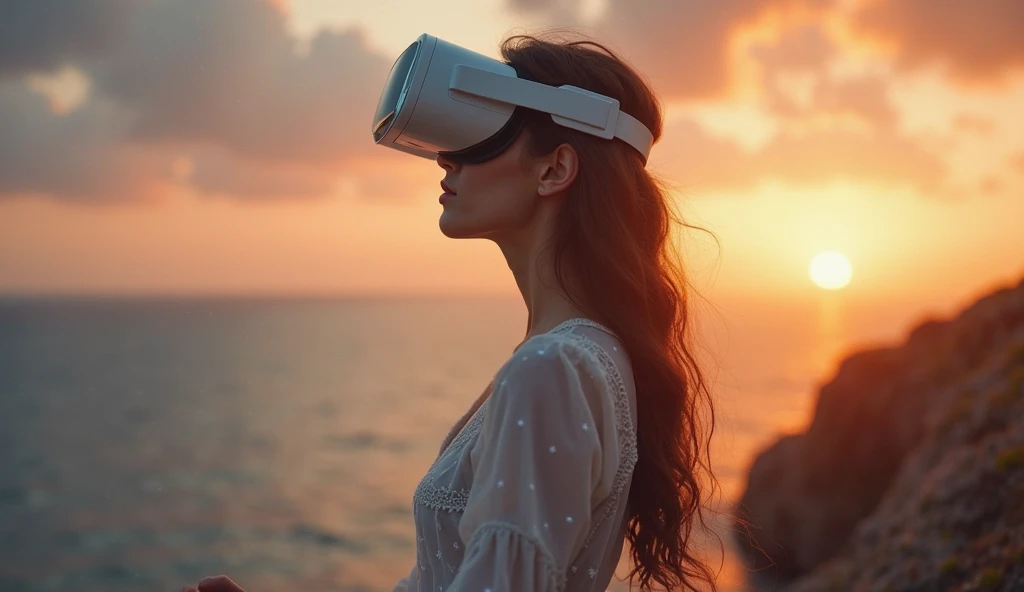uma linda garota usando um fone de ouvido de realidade virtual enquanto imagens de seus pensamentos circulam ao seu redor