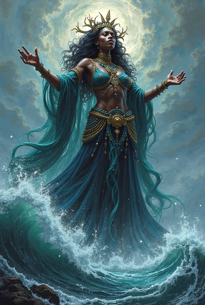 Iemanjá, the Orisha of the oceans and seas, is a deity revered for his majesty and serenity. Her skin is black as night, and her curly hair displays a natural crown. His gaze is deep, conveying calm and compassion. Her breasts are full, symbolizing her motherly nature. Dressed in a white tunic, with a sky-blue robe, powerful and welcoming. Her arms reach out, offering protection and guidance to those who seek her. Its essence evokes the energy of the waters, the ancestral wisdom and the beauty of black femininity. Perfect hands with only 5 fingers on each.