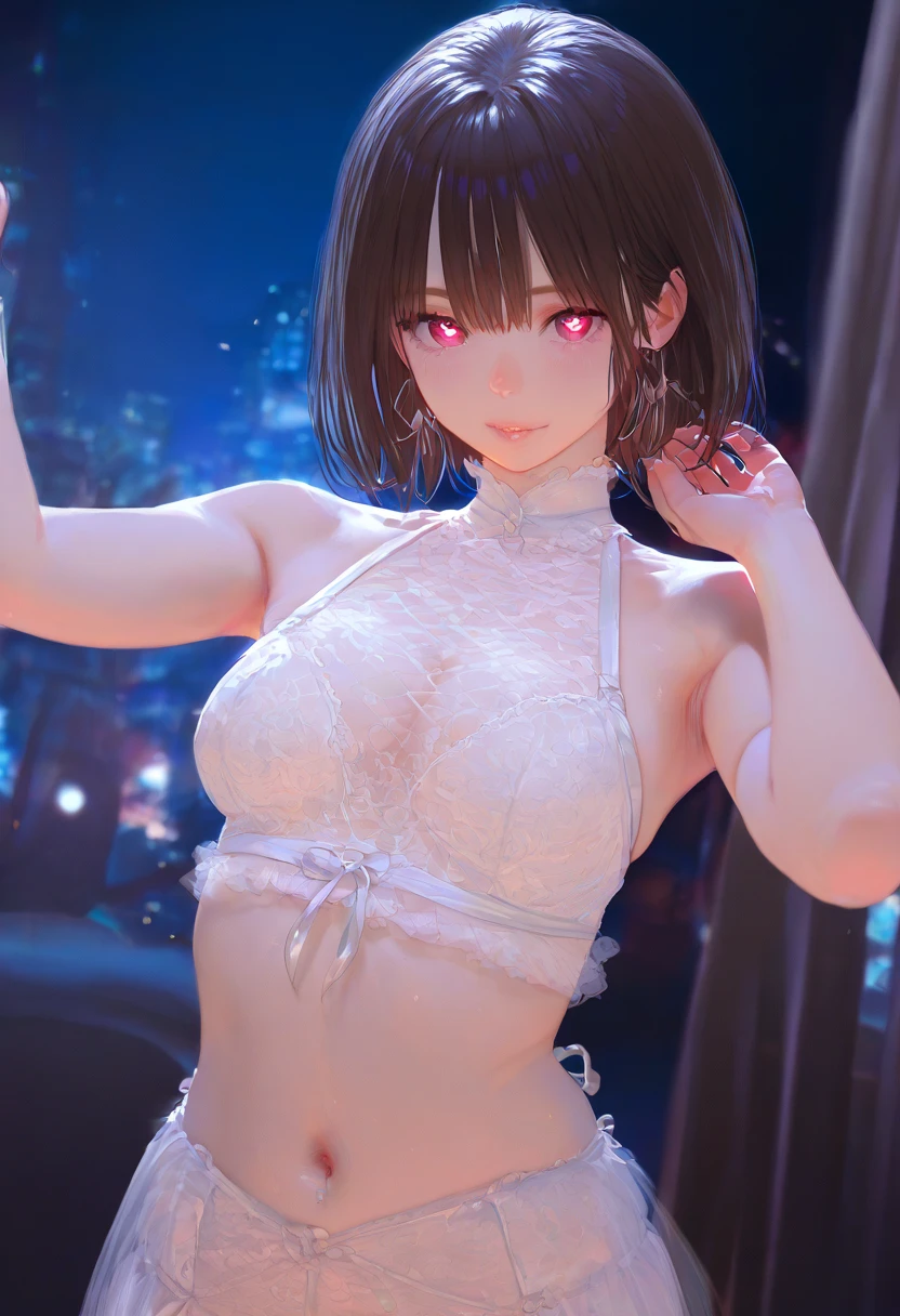 In town，A girl in an  lace dress with visible  dances，Crowd，Surrounded by paparazzi，Dance vigorously、Shorthair twin tails