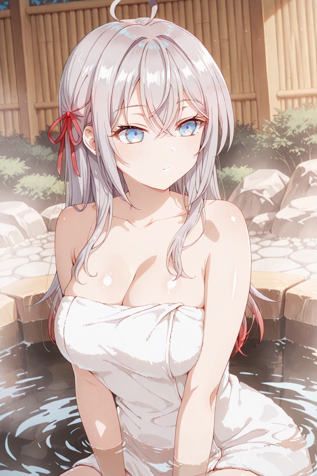 atla. mujer ciega con sus ojos cerrados, orejas de tigre blanco, cabello blanco rayado, sonrisa traviesa mostrando los dientes, pechos grandes desnudos, esta desnuda. bathing. en aguas termales. cuerpo completo de pie parada. de pie parada . cuerpo completo.