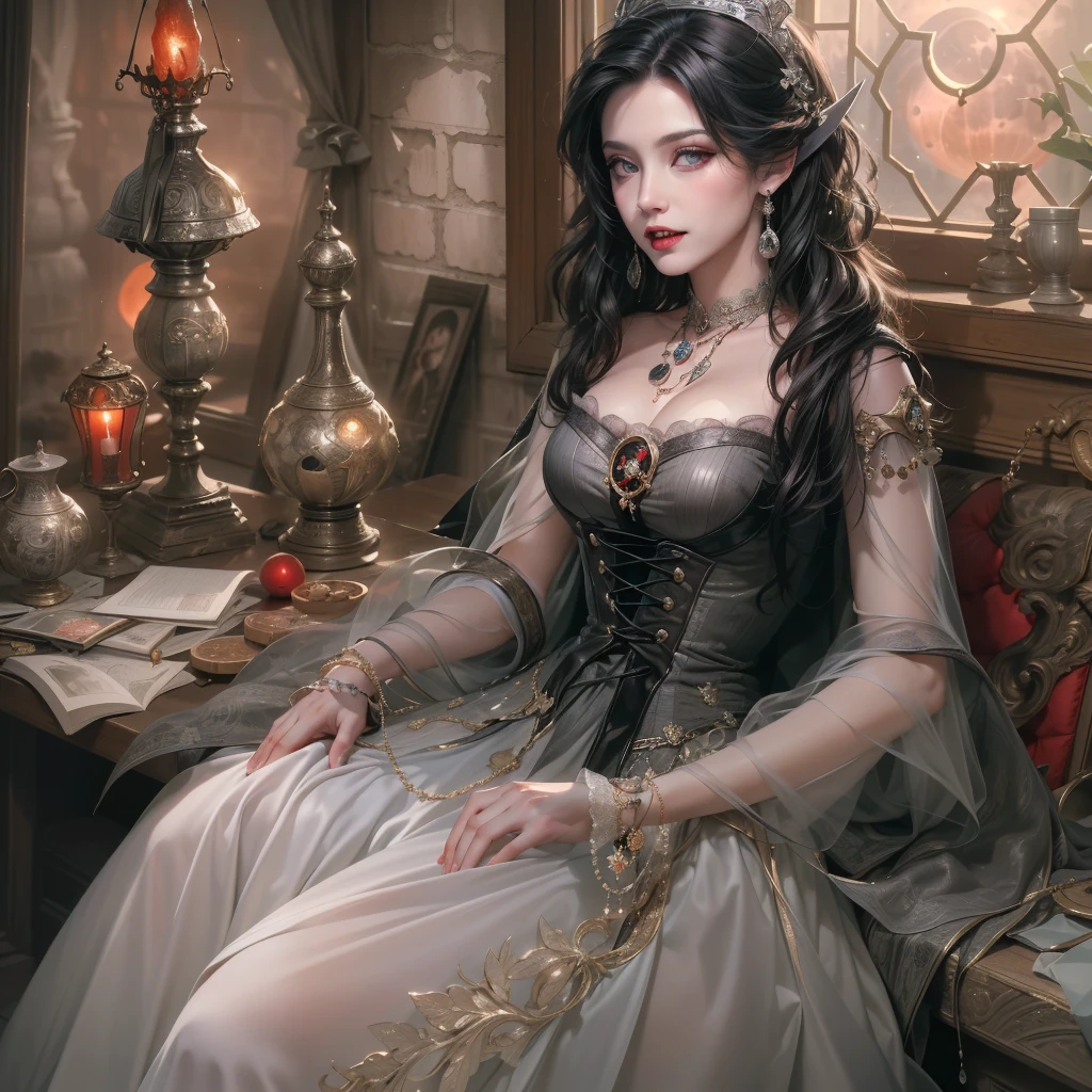 absurdres, RAW photo, extremely delicate and beautiful, masterpiece, Best Quality, ultra high resolution, 32k, hyperrealistic, ultra-detailed, Very detailed CG 8k wallpaper, detailed background, landscape, Beautiful Lighting, Perfect Lightning, Realistic Shadows, perfect anatomy, anatomically correct, ideal ratio body proportions, perfect figure, Perfect Style, Perfect balance, super Detailed skin, in her 30s, very Slim body, narrow waist, very small head, very small face, delicate facial features, handsome detailed woman, very detailed eyes and face, realistic face proportions, Realistic beautiful face, Realistic beautiful eyes, tearful mole, earring, whole body shot, very huge round tits, medium hair, asymmetrical hair, wavy hair, witch in her alchemist room, working on her project with a steaming cauldron filled with green glowing smoke, against the backdrop of a fantasy night with a full moon and a view from the window, dressed in a traditional witch outfit,