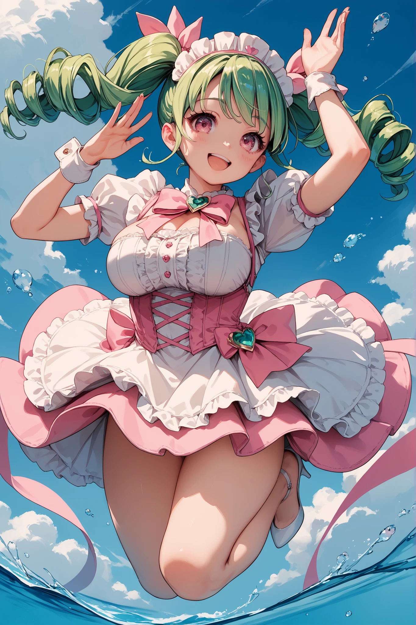 score_9_up, score_8_up , score_7_up ,Source_Anime,1 cute girl, emerald hair , twin tails,twin drill, pink ribbon, ,  cute  French maid costume with pink lines, miniskirt, pink eyes, white high heels,happy smile,skydiving