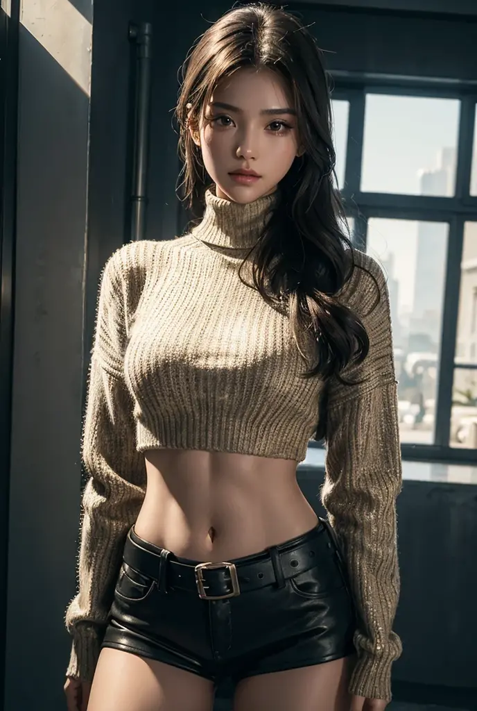 a young woman, Cropped Turtleneck Sweater, long-sleeved shirt, (bare midriff, exposed navel), sexy belly, Abdomen completely bare, Very low waisted shorts, metal belt, cowboy shoot, summer road, 8ก, best quality, Masterpiece, realistic, Very detailed, bright colors, professional lighting, cinema, dynamic gesture, incredible light, complicated details