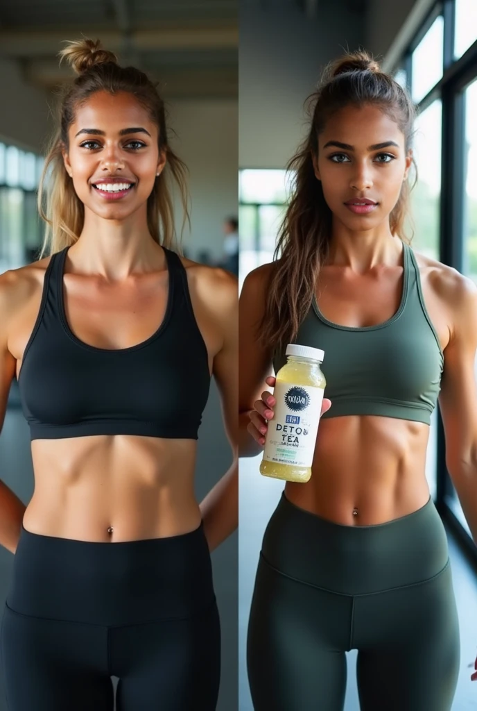 realistic textures. realistic details. cgi. light caramel color African American woman with perfectly parted long cornrows . wearing a exercising clothes with the words 'WELLNESS SHOTS'. and holding up a small 50ml wellness shot bottle to the viewer. white background. shot from far showing the full background.smileing