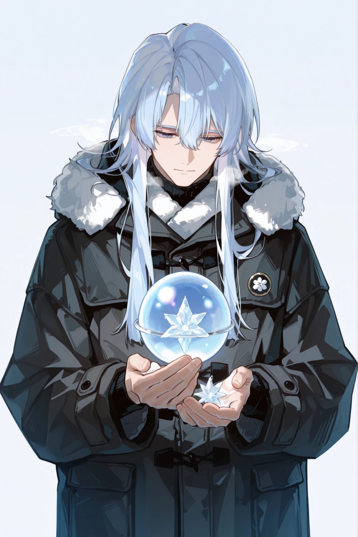 male,25 years old,The hair is white to blue,Wear a wool winter coat,Holding a white crystal ball in his hand, no background