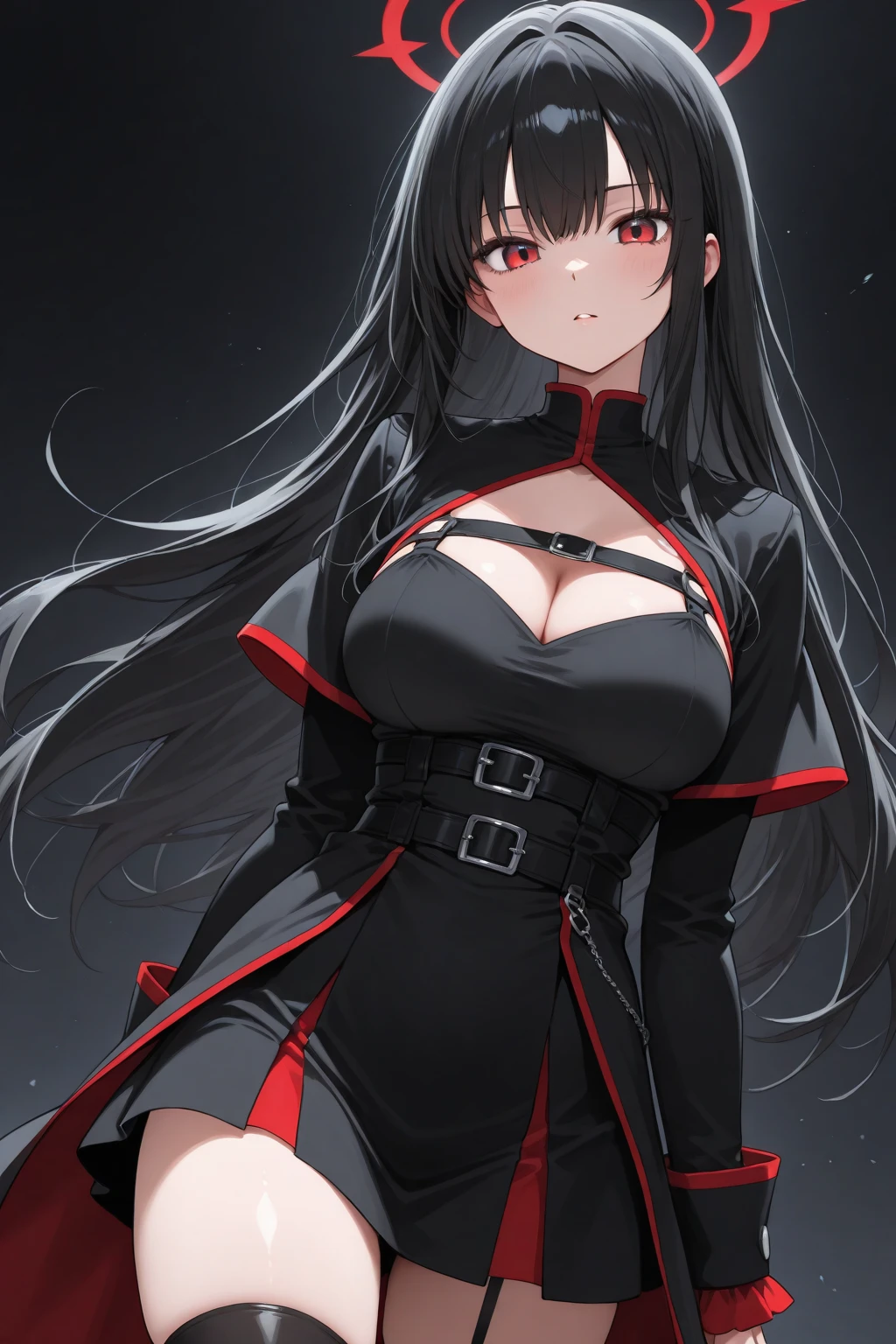 最high resolution,high resolution,Legendary Assassin, Beautiful Teenage Woman,Small breasts, Complicated Dress, Fearless smile, Red lips, Black Hair(Gradation), Red eyes, realism, Digital Painting, Concept Art, Smooth, Sharp focus, Three-part method, Style Psycho