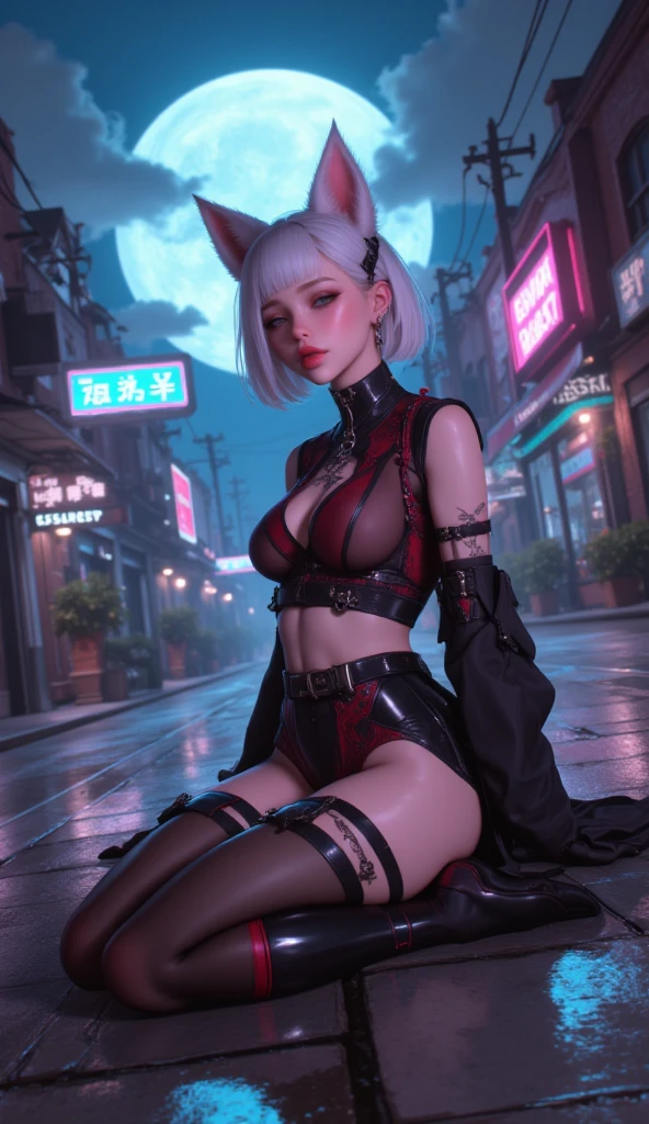 Cyberpunk Edgerunners, 1girl, Lucy \(cyberpunk\), blue eyes, cyber eyes,, pale skin, petite figure, (huge chest, wild girl, small head)), daylight, sunlight, (perfect body: 1,5), (young), (short wavy hair: 1,2), white hair, ((hair with bangs)), collar, full length, crowded street, wearing a tight cropped ((black latex sports bra), ((black latex panties) ),black latex panties, (extremely detailed CG 8k wallpaper), (an extremely delicate and beautiful), (masterpiece), (best quality: 1.0), (ultra high resolution: 1.0), gorgeous lighting, perfect flashes , realistic shadows, [high res], detailed skin, extremely detailed, pale skin, camel toe, barefoot, home on white coach,