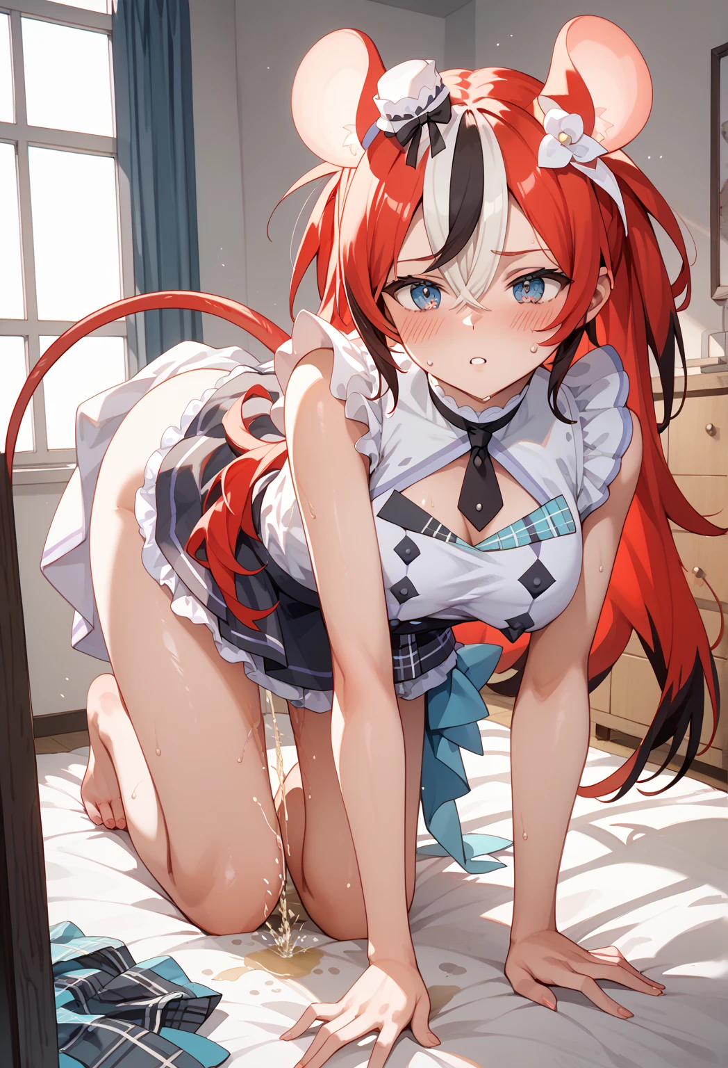 (exceptional, best aesthetic, new, newest, best quality, masterpiece, extremely detailed, anime, waifu:1.2), long hair,single braid, wet hair, orange hair, brown eyes,colorful, wink, maid, (white panty:1.2) ,perspective,knees up ,undressing panties,