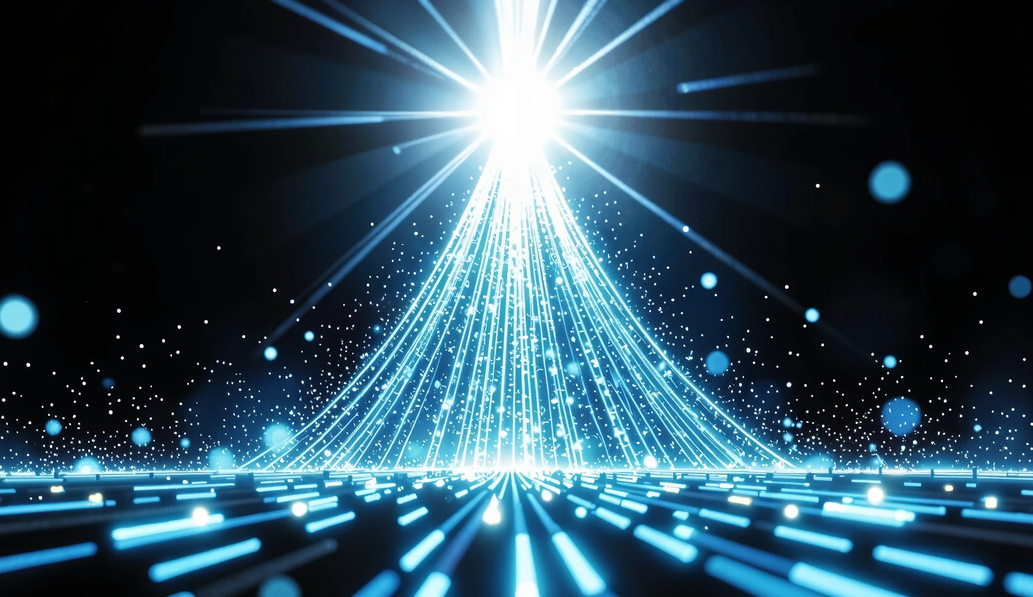 A visually stunning digital illustration symbolizing organizational clarity and momentum. The image features a burst of radiant white light at the top center, representing absolute clarity, purpose, or vision. From the bottom of the composition, hundreds of dynamic, glowing energy beams—resembling fast-moving tubes, data streams, or motion lines—converge upward in a funnel or wave-like motion toward the light source. The color palette transitions from deep blues and cyans at the base to pure white at the top, enhancing the sense of speed and flow. The background is a deep black gradient, emphasizing the brightness of the central light burst and the motion effect of the beams. The entire composition evokes the idea of structured momentum rising toward a unifying goal or higher vision.

Style: Hyper-realistic digital illustration, abstract conceptual
Lighting: High-intensity top-light burst with deep shadows at the base
Mood: Inspirational, visionary, futuristic
Camera Angle: Low-angle, vertical movement emphasized
Environment: Abstract dark space, motion-based visual metaphor
Key Elements: Energy beams, light burst, upward momentum, color transition from cool to bright