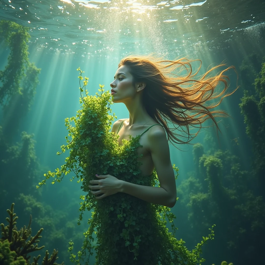 a naiad underwater, wearing a dress made of seaweed. water distorting light, refracting sunbeams, volumetric light. from behind