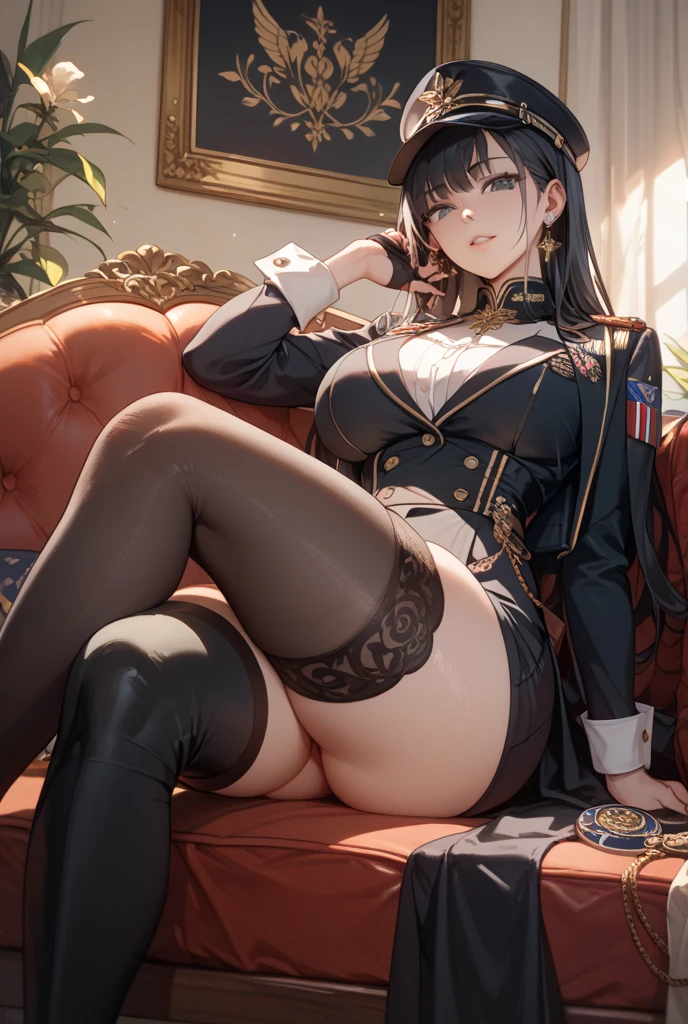 (masterpiece:1.2), (Military uniform magazine cover:1.4),best quality,PIXIV,Sweet girl , sexy posture,1girl, (perky chest:1.2), rolling upskirt by wind:1.6, (with sparkling eyes and a contagious smile),open mouth, (pointed chest:1.2),fishnets, black hair, boots, long hair, black nails, skirt, shirt, solo, black footwear, bag, black skirt, jewelry, jacket, on head, black jacket, thigh strap, bangs, necktie, earrings, nail polish, multicolored hair, looking at viewer, full body, bottle, own hands together, belt, jacket on shoulders, food, cats on head, black necktie, ring, choker, english text, collared shirt, blue eyes, platform boots, hat, lace-up boots ,masterpiece、highest quality、Very detailed、An illustration、Beautiful fine details、One Girl、cute、Detailed landscape、Training Room Background:1.4、Platinum Blonde Hair、Braided Ponytail、Red camisole、((D cup breasts, Tank top showing underboob:1.3))