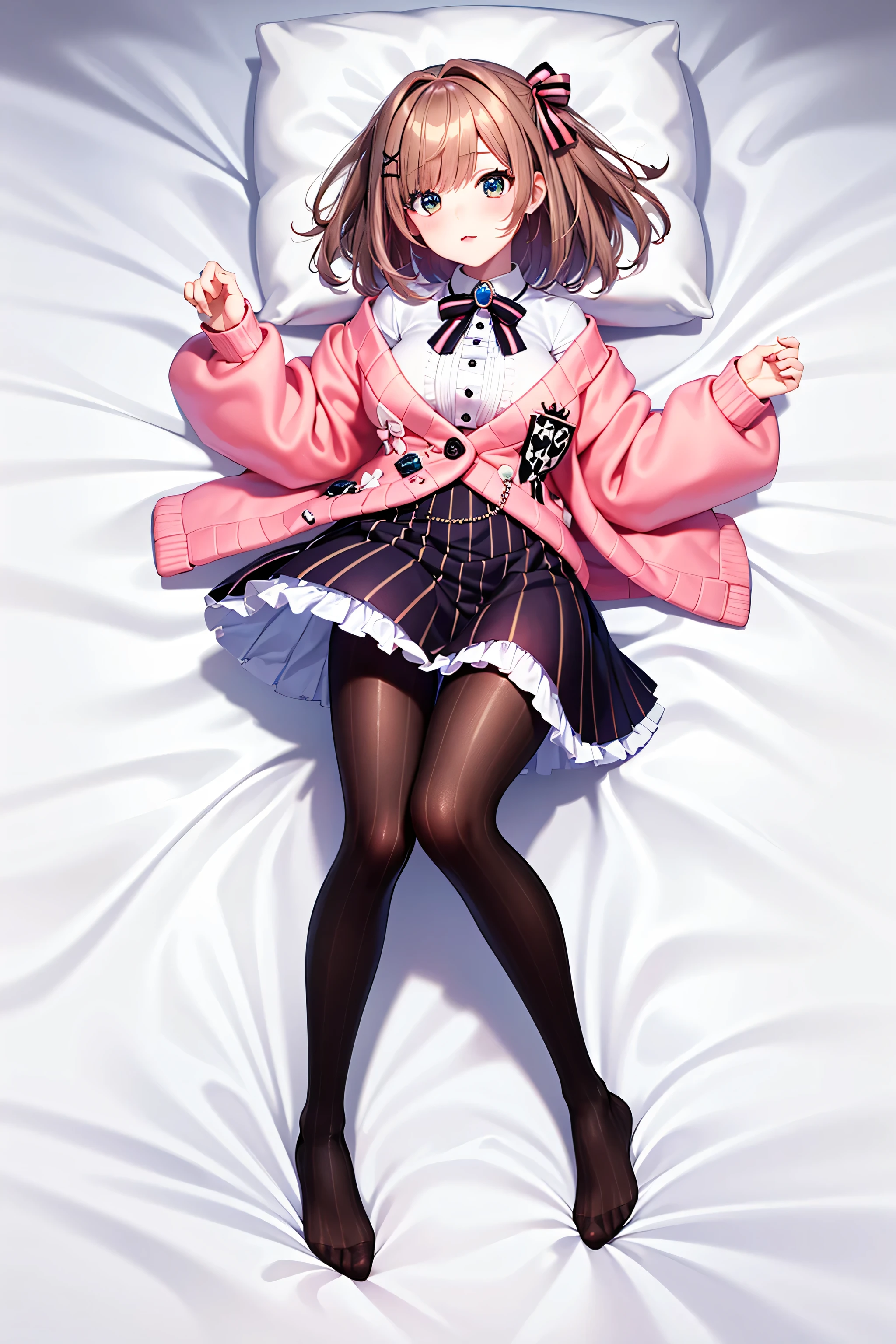 hmsl1, (1 person:1.5), Suzuhara Ruru, medium hair, pink ribbon, chest, jewelry, pink cardigan, brooch, white shirt, Vertical striped mini skirt, vertical striped pantyhose, embarrassing, Red cheeks, Seducing Men, white sheets, Lie on your back, Full Body, long legs, High Waist