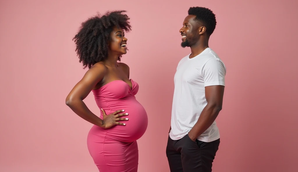 Bearded white man laughing with pregnant black woman 