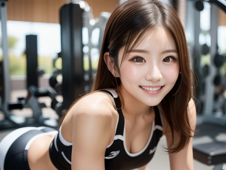 ((8k、sharp、masterpiece、Highest quality、Realistic like a photo、Perfect Face、Small face、Very beautiful face、very cute、Fair skinで可愛い、Fair skin、Gray Hair、blue eyes、))、 28 years old、ponytail、Glowing Skin, Moisturized Skin、Fair skin、Top idols of Japan、Cool、Cute Face、Perfect Face、Japanese Beauty、28 years old:1.3、((double eyelid、Beautiful breasts、Thin legs、Beautiful shaped buttocks、A woman with perfect style、Abdominal muscles、Gray Hair、Very well-groomed face、Cute Face、))、Beautiful breasts、Professional Lighting、Portrait Shot、Smiling at the audience、(Training wear:1.3、)、((One girl in training))、Cleavage、((She is on all fours, sticking her ass out to the viewer...&#39;))、&#39;Gym、