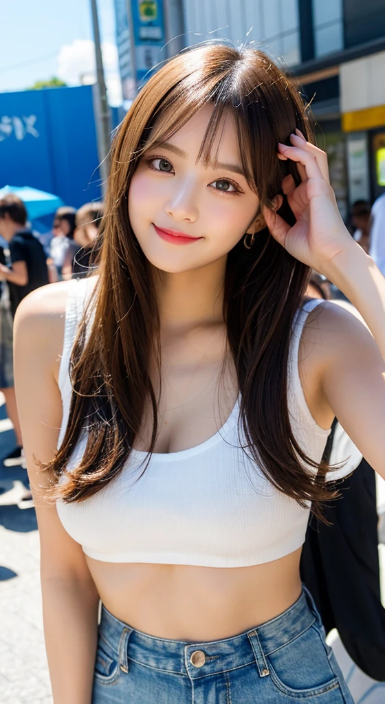 (8k, RAW photograph, highest quality, masterpiece:1.3),(Genuine,photograph:1.37),(Looking at the audience:1.331),Pause,One girl,とてもbeautiful顔,small,Hair weight,Fluffy hair,Random representation,Smile with the corners of your mouth,Big eyes,highest quality Hair,((highest quality)), ((masterpiece)), (detailed), whole body、wallpaper、Attention to detail、Perfect balance、Tight waist、Chestnut Hair、beautiful, Beautiful Skin、beautiful white skin、Russian Beauty、(masterpiece:1.3), 一眼レフphotograph、Best image quality: 1.4, (Rough long hairstyle:1.2)、Soft Breasts、Cleavage:1.4、Stylish clothes