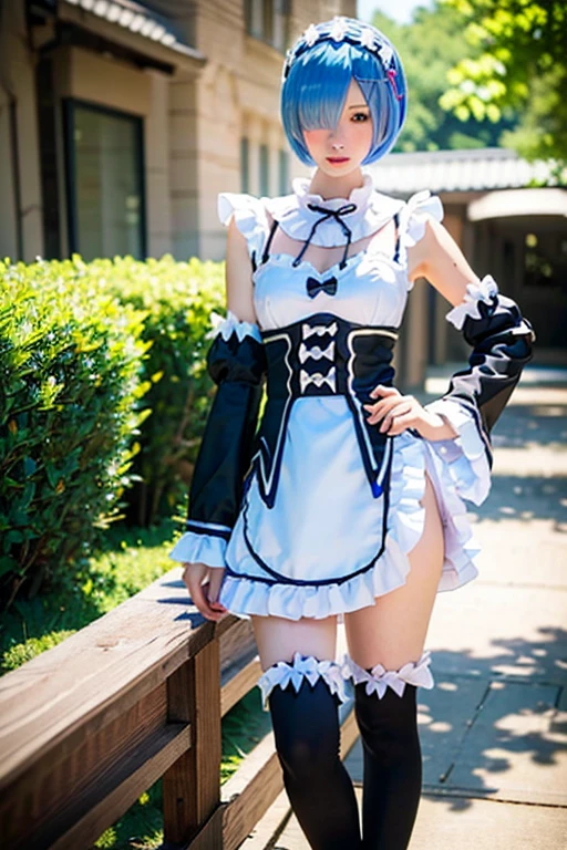 Highest quality,(8k, RAW Photos, Highest quality, masterpiece:1.39), (Realistic, photo-Realistic:1.2), One girl, Rem_Re:Zero_1、blue eyes,Urzan-6500-v1.1, Cleavage、Small breasts、Lift the skirt with your hands to show your panties、smile