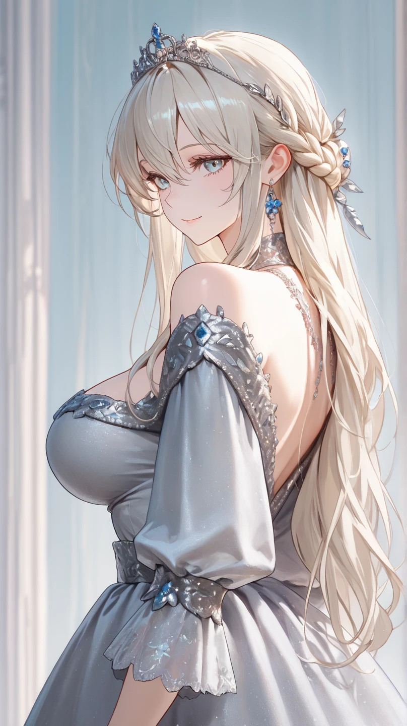 woman, long light hair, Blue eyes, curvy body, In a luxurious dress with an open back, Luxurious old-fashioned dress, a detailed and rich description of a women's aristocratic dress with an open back in the Rococo style., highlighting luxurious fabrics, Complex embroidery, and decorative accessories, Background in Rococo style