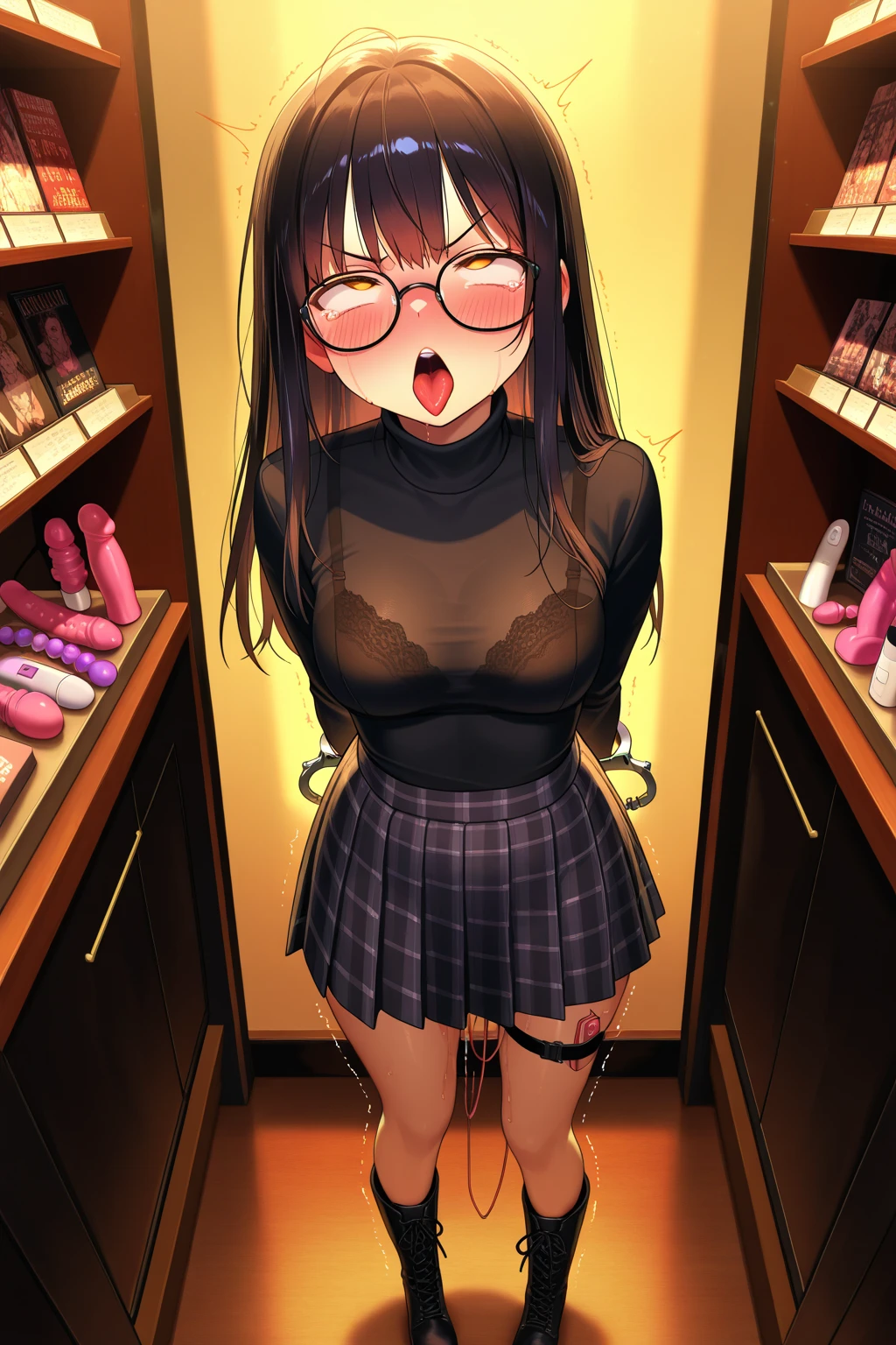 masterpiece, best quality, girl, 10yo, (petite), cowboy shot,
orgasm, open mouth, tongue out, squatting, naked dress, flat chest, nipple slip, dress lift, pussy, in a colorful clothing store,