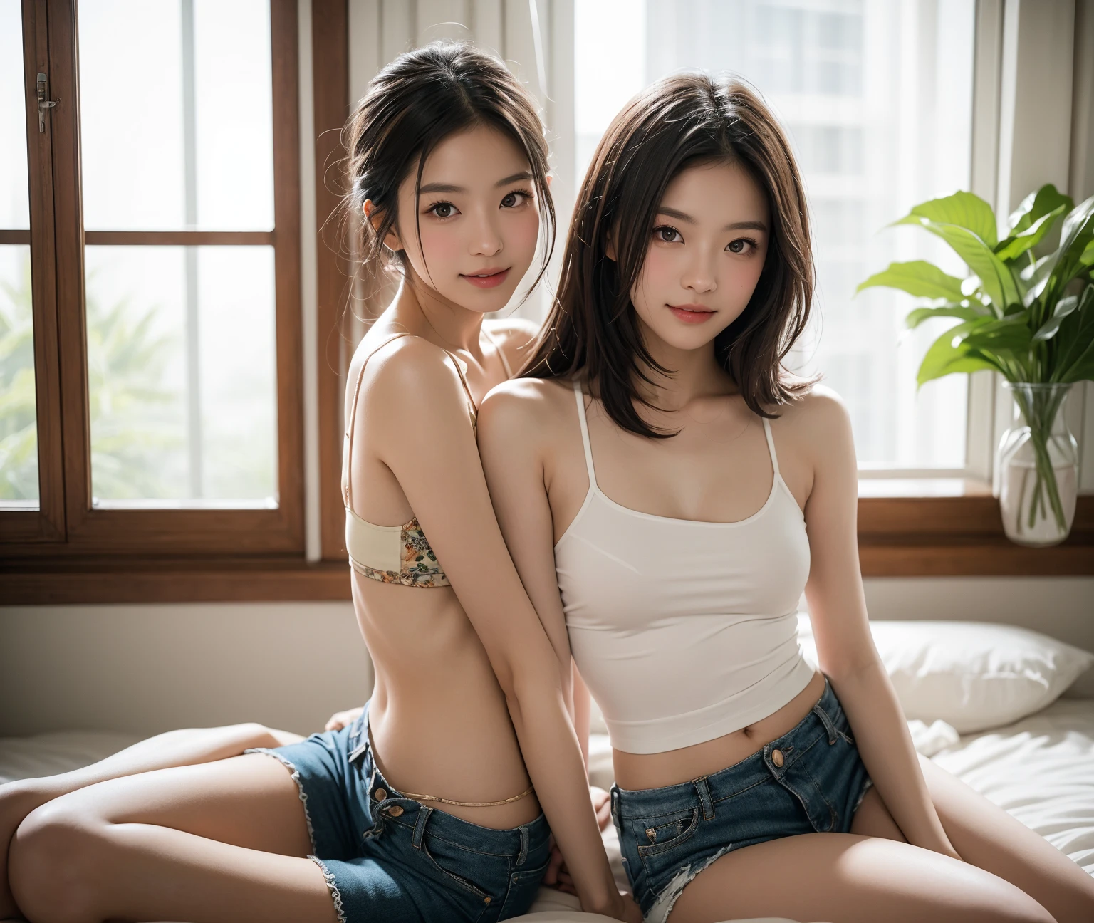masterpiece, best quality, 2girls, (closeup1.3), (topless:1.2), 18yo teen, slim, small breast, short lskirt, cleaning a room, lode, smile, colorfull, desolate, sunny, (sun rays:1.3), watercolor,