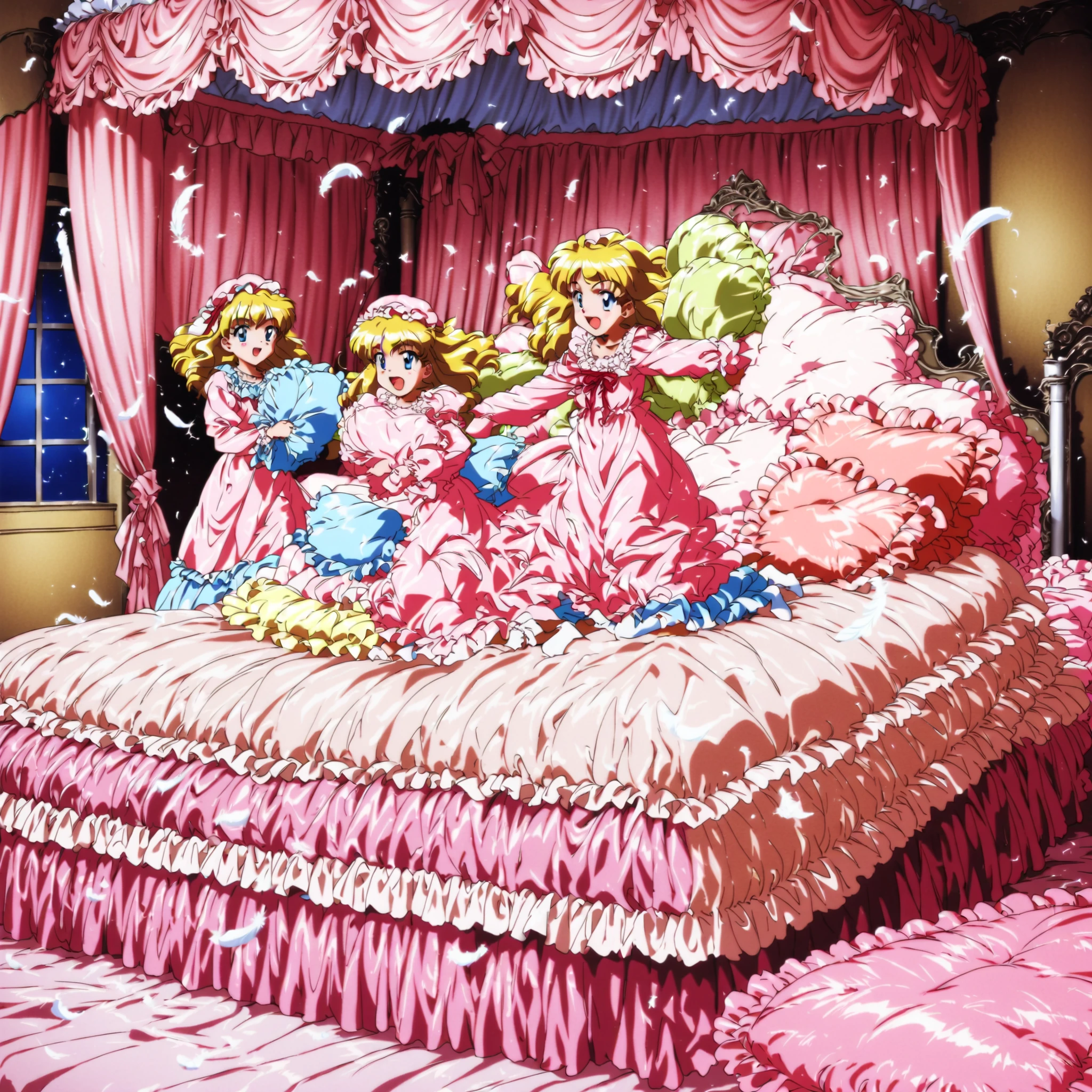 ((1990’s style anime:1.2)), anime colored, high resolution, ultra detailed, hi-vision anime ,official art,100-layer,((cute girl on a big bed)),((As a child )),((Little Girl)), ((little girls pillow fighting on the bed,pillow fight:1.2,)),they have a frilled silk satin pillow,((lot of white feather flying,detailed realistic feather:1.0)),short body height,((white-skinned American, blue eyes, Long blonde,detailed faces)),cute face,plump quilted pink silk satin nightgown,((lots of ruffles and ribbon decorations)),long sleeve,Ruffle sleeves, ((long skirt:1.4)),white socks,Big Bed with Lots of Pink Silk Satin Cushions,pink cute canopy bed , ,Four-poster canopy bed,King Size Bed,Bigger bed,pink silk satin ruffle plump quilt pillows,More pillows, pink silk satin soft comforter,round puffed comforter,Ruffle Lace Silk.retro white pipe bed frame, realistic,((Out of frame bigger King Size Bed:1.2)), silk satin curtain with ruffles ,